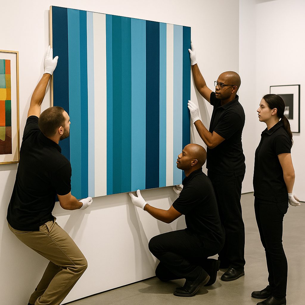 Art handlers installing artwork at Art Basel Miami Beach