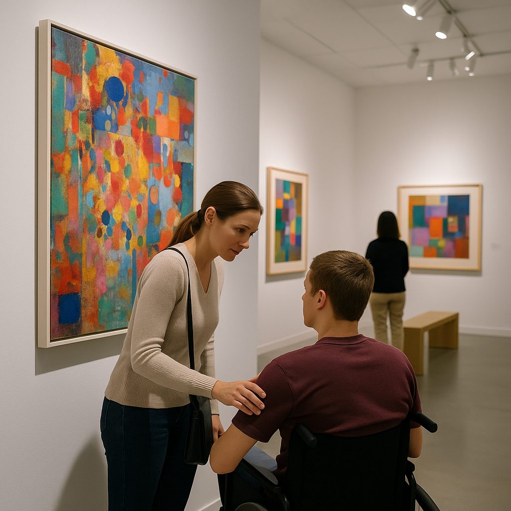 A visitor and caregiver viewing a colorful artwork in a calm gallery space at Art Miami